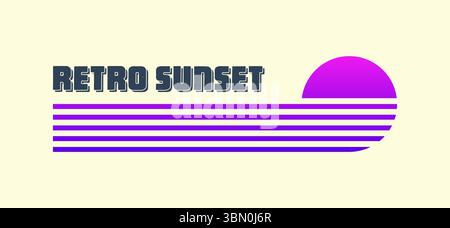 Farbenfroher Sonnenuntergang im Vintage-Stil. Verschiedene gestreifte Sonnenaufgangsabzeichen im Stil der 80er und 90er Jahre. Blick auf Sonne und Meer, Sommerstimmung, Surfen. Designelement für Stock Vektor