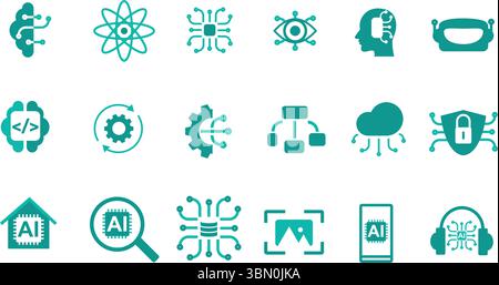 Symbolgruppe Künstliche Intelligenz. Mit bearbeitbaren Symbolen für KI-Technologie, maschinelles Lernen, Deep Learning, Robotik und mehr. Stock Vektor