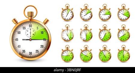 Realistische klassische Stoppuhr. Chronometer aus glänzendem goldenem Metall, Zeitzähler mit Zifferblatt. Grüner Countdown-Timer, der Minuten und Sekunden anzeigt. Zeit Stock Vektor