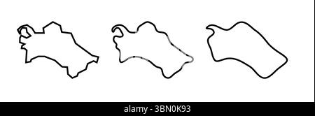Türkmenistanisches Land mit schwarzen Umrissen in drei verschiedenen Ebenen der Glätte. Vereinfachte Karten. Vektorsymbole isoliert auf weißem Hintergrund. Stock Vektor