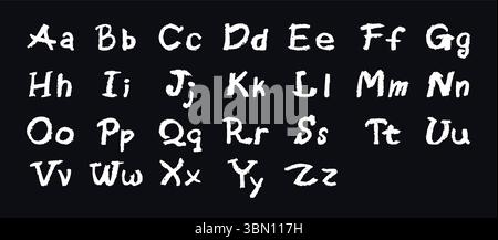 Englisches Alphabet, handgezeichnet mit einem Buntstift. Große und kleine weiße Buchstaben in Kreide, Pastellfarben oder Wachs. Textmarker-Effekt an Bord für Stock Vektor