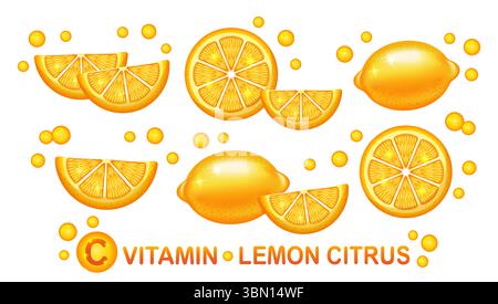 Zitrusfrucht, Zitrusfrucht, Zitruskalk, saure Zitrone, Vitamin-C-Medizin. Frische gelbe Mandarinenorange. Tropische Grapefruit Vektor für ganze und geschnittene Schichten Stock Vektor