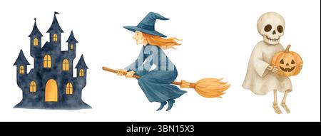 Halloween Aquarell Clipart – Niedliche Handgemalte Spooky Elements Stockfoto
