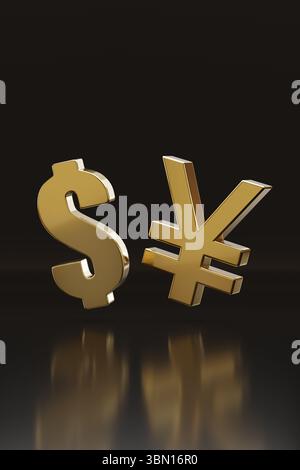 Dollar- und Yuan-Symbole auf schwarzem Hintergrund. 3D-Abbildung. Stockfoto