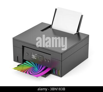 Drucken eines Fotos auf einem Tintenstrahl-Farbdrucker auf weißem Hintergrund Stockfoto