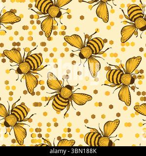 Nahtloses Muster mit Bienen. Kleine Wespe. Vektorabbildung. Design für Einladung, Karten, Textil, Stoff. Doodle-STYLE Stock Vektor