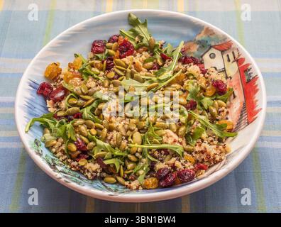 Quinoa, Lachs, Rucola-Salat mit getrockneten Preiselbeeren, goldenen Rosinen und Kürbiskernen mit Olivenöl, rotem Essig, Knoblauch und Zitronensaft. Stockfoto