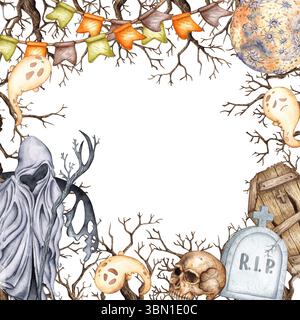 Reaper, Geister, trockene Zweige, Girlande, Mond, Knochen, Sarg und Grabstein Aquarellillustration. Handgezeichnet für Halloween mit Platz für Text. Isolat Stockfoto