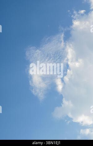 Hellblauer Himmel mit zarten weißen Wolken und einem sichtbaren Halbmond. Das Bild fängt eine friedliche Atmosphäre ein und eignet sich ideal für die Illustration von Weathe Stockfoto
