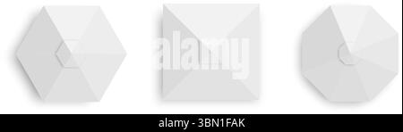 Draufsicht der Zelte. Set aus Pavillonschirmen in sechseckiger, quadratischer und achteckiger Form. Sonnenschirme für Veranstaltungen oder am Strand. Market Canopy Mockups isoliert auf weißem Hintergrund. Realistische Vektordarstellung. Stock Vektor