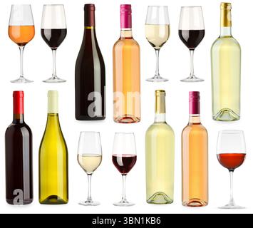 Verschiedene Weinsorten, Set. Flaschen und Gläser isoliert auf weiß Stockfoto