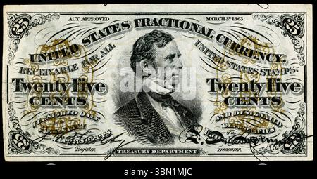 Bruchwährung für 25 Cent, mit einem Porträt des Schatzmeisters William Pitt Fessenden, das von der US-Regierung nach dem Bürgerkrieg eingeführt wurde. Diese Banknoten wurden zwischen dem 21. August 1862 und dem 15. Februar 1876 verwendet und konnten vom U.S. Postal Service gegen den Nennwert in Briefmarken eingelöst werden. Banknoten wurden in 3, 5, 10, 15, 25, und 50 Cent Stückelungen. Stockfoto