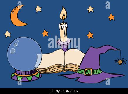 Eine Komposition aus einem Zauberbuch, einer Kristallkugel, einem Hut und einer Kerze in einem Kerzenhalter Stock Vektor