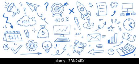 Symbolsatz für die Idee von Geschäftsgeld. Handgezeichnete Skizzenelemente für Start-, Projekt-, Ziel- und Teamarbeit. Geschäftsgrafik, Rakete, Wachstumsmarketing-Konzept in der Tafel. Vektorabbildung Stock Vektor