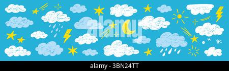 Buntstift Hand gezeichneter Bleistift Wolke Elementsatz. Handgezeichneter Pastellstift Strichstern, Wolken, Sonnenelemente. Niedliche Babyfarbe Himmel Elemente Schulhintergrund mit Kreide Textur. Vektorabbildung Stock Vektor