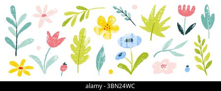 Blume Frühling Vektor Garten nettes Element Set. Handgezeichnete Pastellblume, Blatt, Wildblume Gänseblümchen niedliche Elemente mit Kreidekreide Textur. Doodle Garten Blume Pflanze Kind Hintergrund. Vektorabbildung Stock Vektor