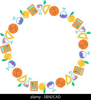 Ein verspielter und farbenfroher Back-to-School-Kranz mit Schulbedarf, Taschenrechner, Basketball, Flasche, Apfel, perfekt für Back-to-School-Designs Stock Vektor