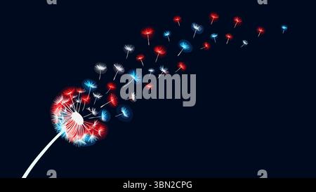 Glühende Löwenzahnkerne in rot weiß und blau fliegen über dunklen Hintergrund Stock Vektor