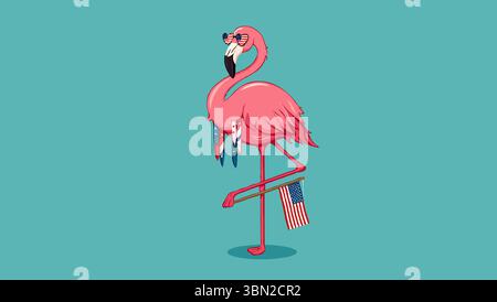 Skurriler rosafarbener Flamingo mit patriotischer Sonnenbrille in Herzform und amerikanischer Flagge Stock Vektor