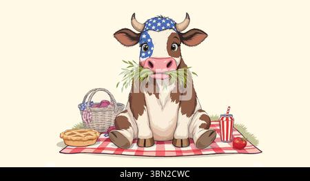Niedliche Karikaturkuh mit amerikanischem Flaggenbandana, die Gras bei einem Picknick mit Apfelkuchen und Getränk isst Stock Vektor