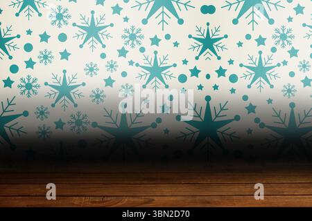 Schneeflocken-Tapete über Bodenbrettern Stockfoto