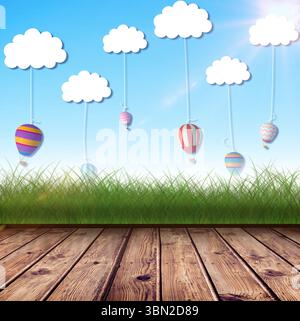 Heißluftballons über Holz Stockfoto