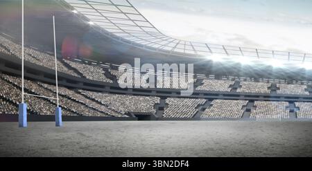 Zwei weiße Rugby-Torpfosten stehen in einem flachen Außenstadion mit Flutlichtern Stockfoto