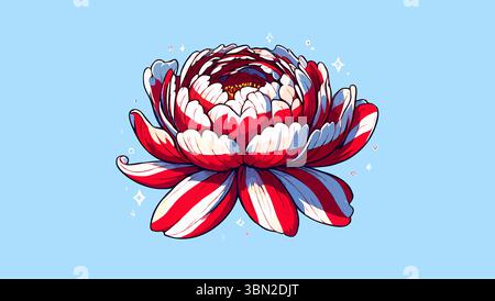 Stilisierte Pfingstrosenblüte mit roten und weißen Streifen auf hellblauem Hintergrund Stock Vektor