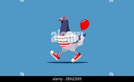 Cartoon-Taube mit Sneakers und einem roten Ballon mit Friedensbotschaft Stock Vektor