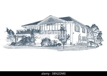 Die Zeichnung zeigt ein zweistöckiges Gebäude mit Giebeldach, Fenstern, Terrasse, Sträuchern und Golfwagen Stockfoto
