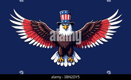 Patriotischer Weißkopfseeadler mit Onkel sam Hut mit weit verbreiteten amerikanischen Fahnenflügeln Stock Vektor