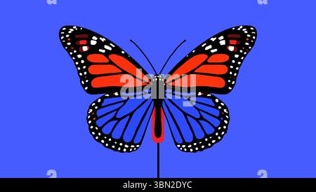 Lebendiger Monarchschmetterling mit markanten orangefarbenen und blauen Flügeln auf einem durchsichtigen blauen Hintergrund Stock Vektor