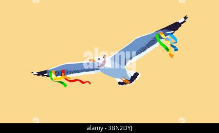 Eine stilisierte Möwe mit bunten Bändern um den Hals und die Flügel fliegt gegen einen weichen, verlaufenden Himmel Stock Vektor