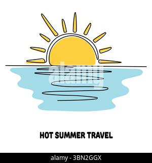 Minimalistische einzeilige Zeichnung Illustration einer heißen Sommerreiseszene. Eine hellgelbe Sonne mit Sonnenstrahlen steigt über ruhigem blauem Wasser auf, mit dezenter Linienreflexion Stock Vektor