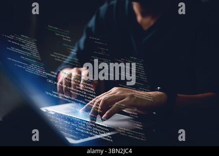 Professionelles IT-Coding-Backend-Skript für ein sicheres Netzwerksystem in einer dunklen Umgebung im Web-Stil. Leistungsstark für Firewall-, Sicherheits- und Softwareprojekte. Stockfoto