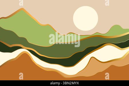 Minimaler Hintergrundvektor für Berg. Abstrakte Landschaft Hügel mit Erdton, goldene Linien Kunst. Illustrationsdesign in der Natur Stock Vektor