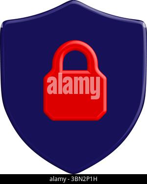 3D-Sicherheitsschild mit rotem Vorhängeschloss-Vektor – Schutz- und Datenschutzsymbol Stock Vektor