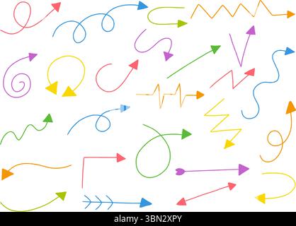 Sammlung von bunten handgezeichneten Pfeilen kritzelnd. Farbpfeile, Pfeilmarkensymbole, Pfeile auf weißem Hintergrund. Buntstift und Kreidepfeil Stock Vektor