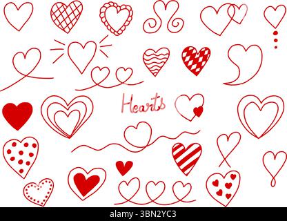 Niedliche rote Hand gezeichnete Herzen Doodles Sammlung, Doodle Herz Symbol Set, Liebe Vektor Illustration isoliert auf transparentem Hintergrund Stock Vektor