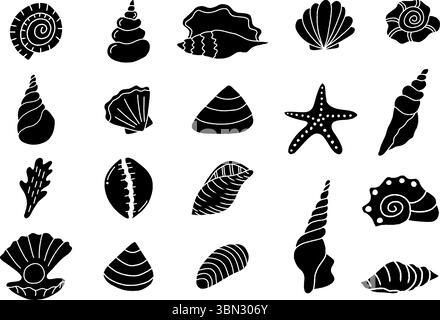 Handgezeichnete Vektor-Silhouette Set von Muscheln und Seesternen, Sea Shell Kollektion, Unterwasser Meereslebewesen Meeresschale, Black Doodle Stock Vektor