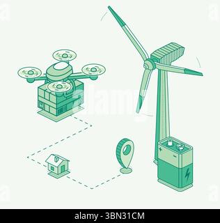 Isometrische Darstellung einer Lieferdrohne, die ein Paket mithilfe einer Routenkarte zu einem Haus transportiert. Stromversorgung durch Windenergie und Batterie. Konzept von ECO-fr Stock Vektor
