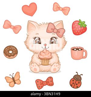Niedliche Katze und Süßigkeiten Aufkleber Set – Kawaii Cartoon Vektor Stock Vektor
