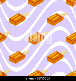 Nahtlose Eiscreme-Stickmuster. Nahtloses Muster mit orangefarbenen Eisstäbchen auf welligem Hintergrund. Flacher Cartoon-Stil, helles Sommerdesign. Stock Vektor