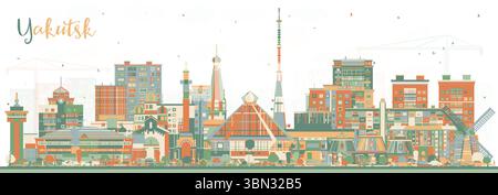 Skyline der Stadt Jakutsk Russland mit farbigen Gebäuden. Vektorabbildung. Jakutsk Stadtbild mit Wahrzeichen. Geschäftsreisen und Tourismuskonzept. Stock Vektor
