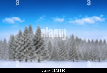Flache Designszene zeigt schneebedeckten Kiefernwald über weißem Feld unter wolkengepunktetem Himmel Stockfoto