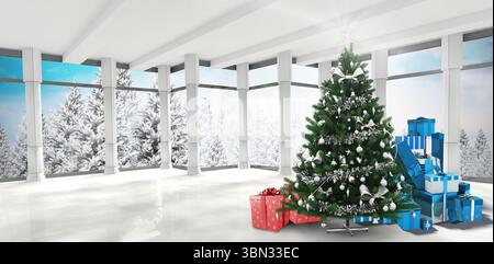 Flaches Design mit sternenbesetztem Tannenbaum mit Silberkugeln, Lametta und farbenfrohen Geschenkboxen Stockfoto