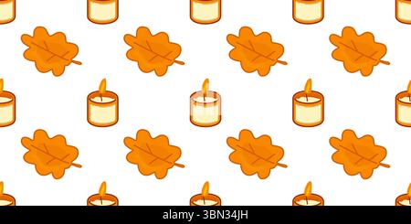 Nahtloses Muster Mit Kerzenblatt Im Herbst. Nahtloses Muster mit Eichenblättern und brennenden Kerzen im flachen Cartoon-Stil. Kuscheliges Herbstdesign auf weißem Hintergrund Stock Vektor