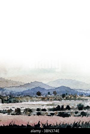 Abstrakte Landschaften, Berge. Poster. Blau, grau, rot, Natur auf Papier Textur Aquarell Malerei Illustration, weißer Hintergrund. Moderner Druck. Stockfoto