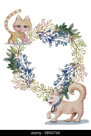 Niedliche Katze und Hund, Kränze Blumenarrangements, Aquarellmalerei mit Blume auf weißem Hintergrund. Visitenkarte, Postkarte, freier Platz zum Schreiben Stockfoto