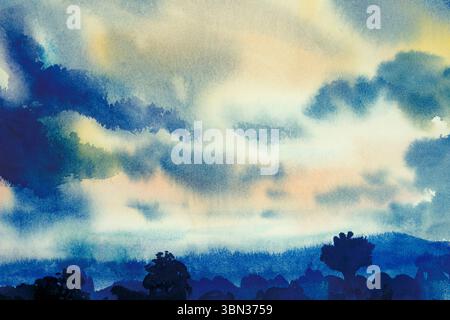 Blauer Himmel Panorama Hintergrund. Aquarellmalerei Illustration Kunst auf Papier bunt von blau, Blatt Baum Himmel Rahmen Hintergrund. Handlackiert b Stockfoto
